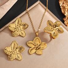 不锈钢耳环、项链和戒指套装，时尚简约设计，适合约会、度假、日常佩戴，也是情侣礼物和节日礼物的理想之选。 - 金黃色 - 查看 3