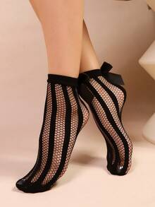 Women's Bow Tie Short Socks, Black Hollow Fishnet Mid-Calf Socks - Black - View 4