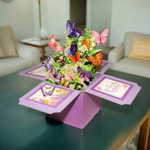 1pc Purple Butterfly 3D Pop-Up Flower Box, Warm Birthday Composite Butterfly Flower Box With Envelope Birthday Card, Friend Birthday Party Gift - Multicolor - View 4