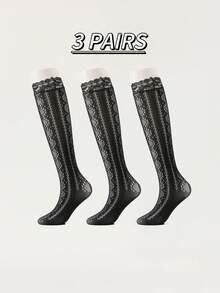 1/2/3 双复古网球风格蕾丝中筒袜，精致蕾丝边透明小腿袜，显瘦百搭 - 彩色 - 查看 10