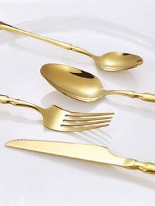 4/16/24pcs Golden Cutlery Set With Slim Waist,Stainless Steel Flatware Set, Waist Design Knife Fork Spoon Dessert Spoon,Reusable Tableware Set,Ideal For Home Kitchen,Restaurants,Hotel,Wedding,House-Warming,Party, Kitchen Supplies,Christmas Gifts - Gold - View 5
