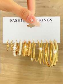 24件套女士时尚圈形耳环，金色几何宽版设计，优雅简约风格，适合日常佩戴和派对礼物 - 金黃色 - 查看 3