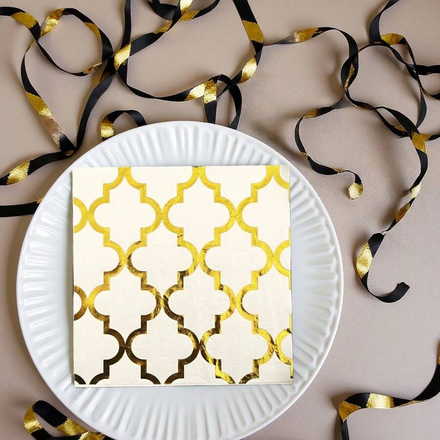 20/40 unidades Servilletas de papel desechables con patrones geométricos de argyle dorados, 2 servilletas decorativas para la fiesta de Eid Mubarak, adecuadas para decoraciones de boda, aniversario, cumpleaños, Ramadán, carnaval, Pascua y fiestas festivas - Dorado - Ver 1