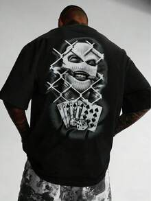 Camiseta de manga corta de verano para , con estampado gráfico de "Personaje y naipe", cuello redondo, tela de poliéster suave, ligera, adecuada para uso casual diario - Negro - Ver 1