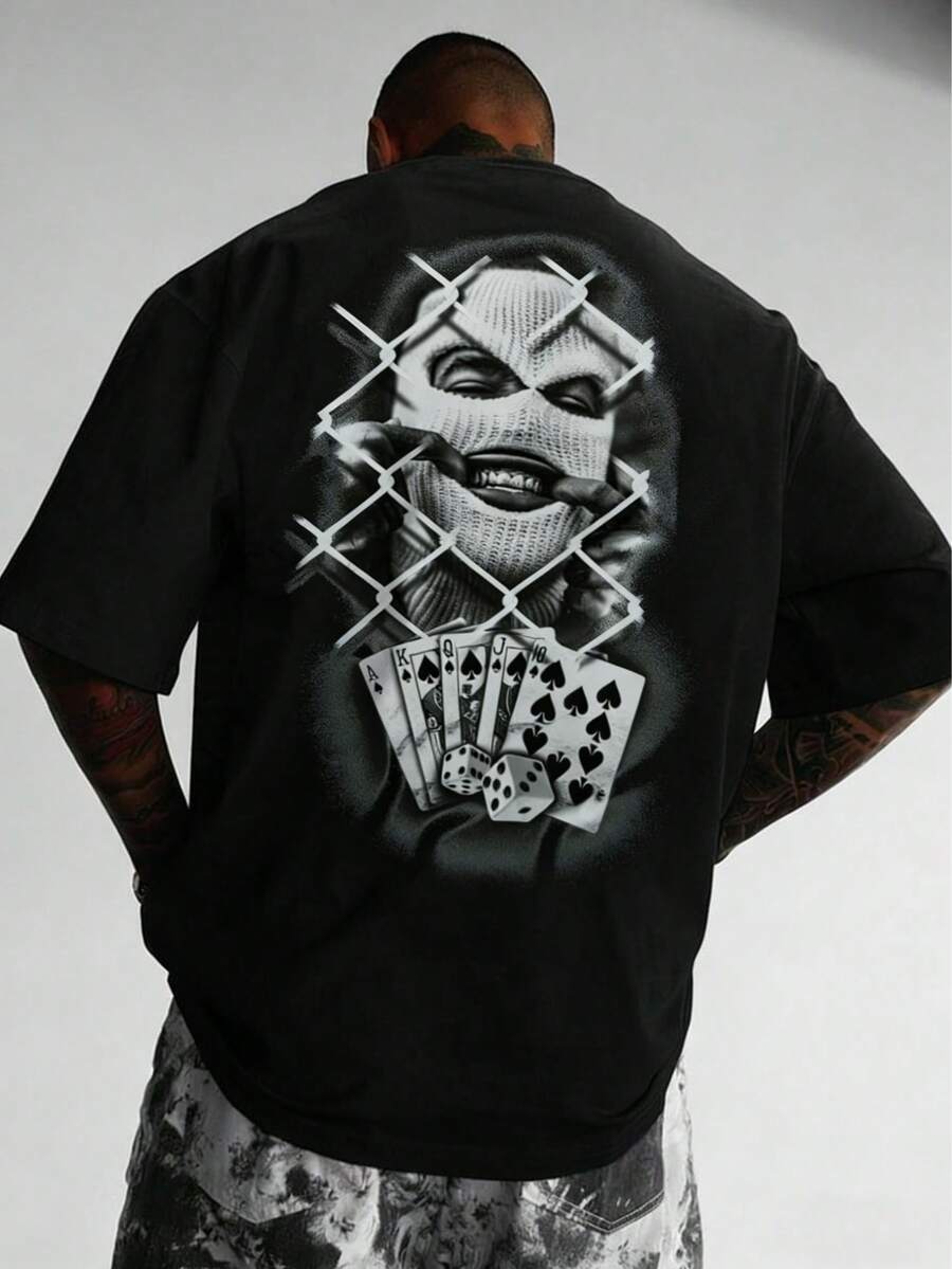 Camiseta de manga corta de verano para , con estampado gráfico de "Personaje y naipe", cuello redondo, tela de poliéster suave, ligera, adecuada para uso casual diario - Negro - Ver 1