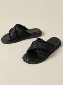 2026新款绑带交叉凉鞋，适合海滩穿着，波西米亚风格，舒适柔软鞋底，轻便透气，流苏编织网布拼接，坡跟一脚蹬凉鞋，小号33-34码，大号42-43码 - 黑色 - 查看 5