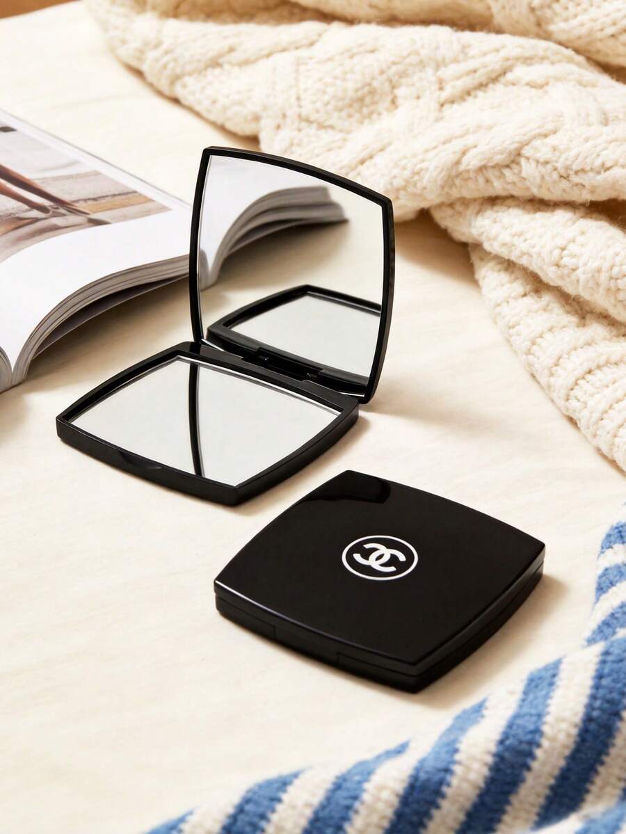 CHANEL Black Portable Dual-Fold Makeup Mirror, Square Shaped With Iconic CC Logo, 180 Degree Rotation, Compact Travel Mirror - Black - View 1