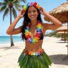 5件套夏威夷风情柔软人造树叶裙套装 - 非常适合服装派对、成人夏威夷主题派对、夏季派对、生日派对和万圣节 - 彩色 - 查看 2