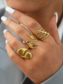 Frminee 3pcs/1pc Chunky Design Geometric Stackable Gold Stainless Steel Ring, Western Jewelry, Waterproof, Suitable For Daily, Date, Party, Holiday Accessories Gifts - Gold - View 4