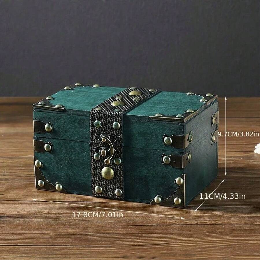 Vintage-Style Lockable Storage Box, Treasure Chest Box, Movie Prop Box, Collectibles Storage Box, Escape Room Investigation Wooden Storage Box, Jewelry Holders, Vintage Home Desktop Decoration. - Ngọc lục bảo - Xem 1