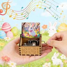 Retro Carved Wood Music Box With Easter Bunny & Basket Of Eggs – Playful Tabletop Ornament For Holiday - Easter Egg Basket Music Box - View 4