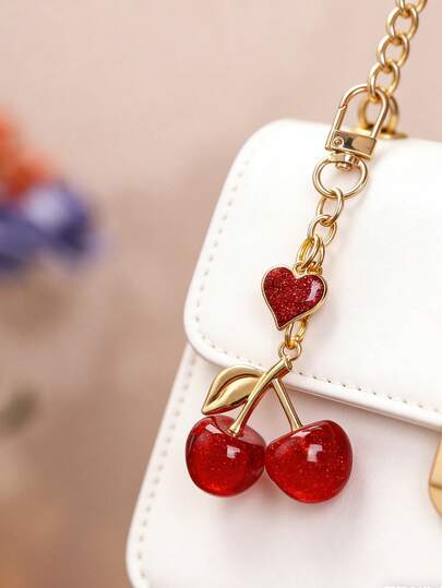 1pc Fashion Cherry Shaped Keychain - Shiny Resin Pendant Keychain Red Alloy Enamel Heart Pendant Suitable For Women Bag/Car Accessories/Girls Backpack Decor Ideal Gift For Family/Friends/Couples Cute Girly Stuff Car Essentials Car Decoration