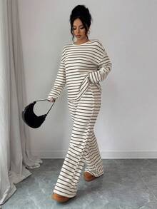 Conjunto de dos piezas de camiseta de manga larga con cuello redondo y hombros descubiertos a rayas y pantalones con cintura elástica a rayas para mujer, estilo casual, de viaje, bohemio, para primavera/verano/otoño/invierno - Albaricoque de café - Ver 6