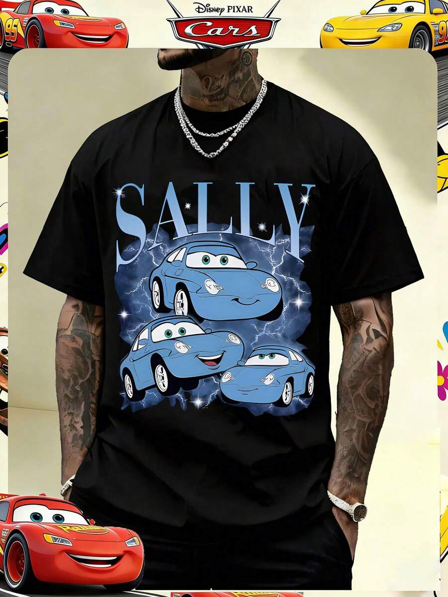 Disney Official Licensed Cars Sally Carrera Lightning Effect Graphic Print 220g Cotton Crew Neck Unisex Tee - màu đen - Xem 1