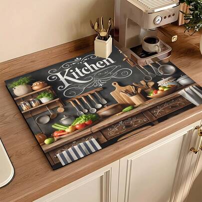 1片吸水沥水垫，厨房装饰咖啡机垫，手工咖啡壶沥水垫，厨房地垫，餐桌垫，厨房台面碗碟沥水垫，早餐垫，防滑耐热沥水垫，硅藻土沥水垫，遮盖污渍，超强吸水厨房垫，易清洁碗碟架垫，适用于厨房、餐桌、咖啡店、酒吧、节日、派对、家居装饰、节日礼物