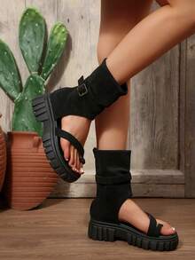 Women's High-Top Sandals, Retro High Thick-Soled Roman Boots Boots, New Fashion Open-Toe Zipper Boots - Black - View 3