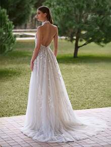 Halter High Neck 3D Floral Lace Tulle Wedding Dress, Boho Romantic Bridal Gown, Wedding Dresses For Bride, Elegant And Comfortable, Formal Dresses For Women, Suitable For Wedding, Party, Vacation, Bride, Formal Occasions, Dinner Dress, Prom Dress, After-Party Dress, Homecoming Dress, Cocktail Party, Birthday Party, Ceremony - 白色 - 查看 2