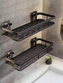 1pc No-Drill No-Hole Rust-Proof High-End Bathroom Kitchen Storage Rack Black Adhesive Bathroom Shelf - Multicolor - View 2