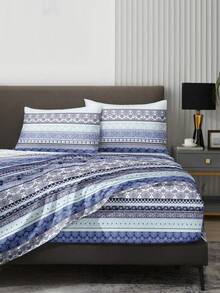 4件套蓝色波西米亚条纹图案床单套装，包含1件床笠、1件床单和2个枕套（不含枕芯）。豪华床笠套装，尺寸可选：特大号、大号、标准双人床、单人床。床笠采用深口袋设计，最大可容纳11.8英寸枕套。柔软透气，不易起皱，提升睡眠质量，尽显奢华酒店风范。是送给父母、朋友的理想礼物。 - 彩色 - 查看 4