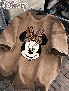 Disney Minnie Mouse Retro Old Wind Leopard Bow Head Creative Printing Design  Oversized Fashion Old T-Shirt 2026 Spring And Summer Round Neck T-Shirt Style Retro Fashion Lovers Popular Style Old Round Neck T-Shirt. - 卡其色 - 查看 2