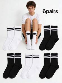 6双装经典条纹舒适透气纯色双条纹男女通用中筒袜 - 黑與白 - 查看 3