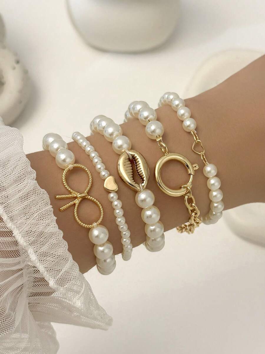 5pcs INS Style Faux Pearl Heart Beaded Elastic Bracelet Set, Minimalist Ocean Bowknot Heart Shell Chain Pearl Bracelets For Women - Gold - View 1