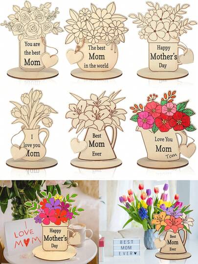 6件套DIY母亲节木制花卉工艺套装，未完成的花朵卡片，空白装饰木片，家居装饰，母亲节DIY礼物，空白花朵卡片，木制装饰花