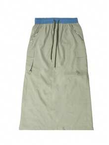 GILIPUR Y2K风格绿色休闲优雅女士抽绳中长裙，街头时尚口袋设计，春季款 - 綠色 - 查看 7