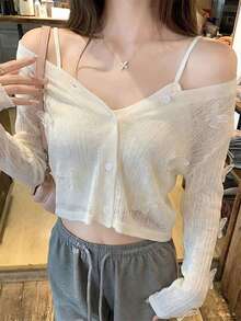 女士透视针织开衫，饰有3D蝴蝶图案 - 时尚优雅休闲甜美白色纽扣长袖上衣，适合春夏假期穿着 - 白色 - 查看 1