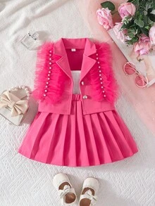 女孩时尚套装：吊带背心、珍珠刺绣网纱翻领无袖外套和简约百褶裙 - 玫紅色 - 查看 1