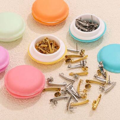 1pc Exquisite Plastic-Material Macaron Packaging, Including 10pcs 304 Stainless Steel 18K Gold-Plated Long Stud Earring Components DIY Charm Jewellery Earring Making Accessories Suitable For Women's Daily Wear Handmade Accessories,Box Color Random