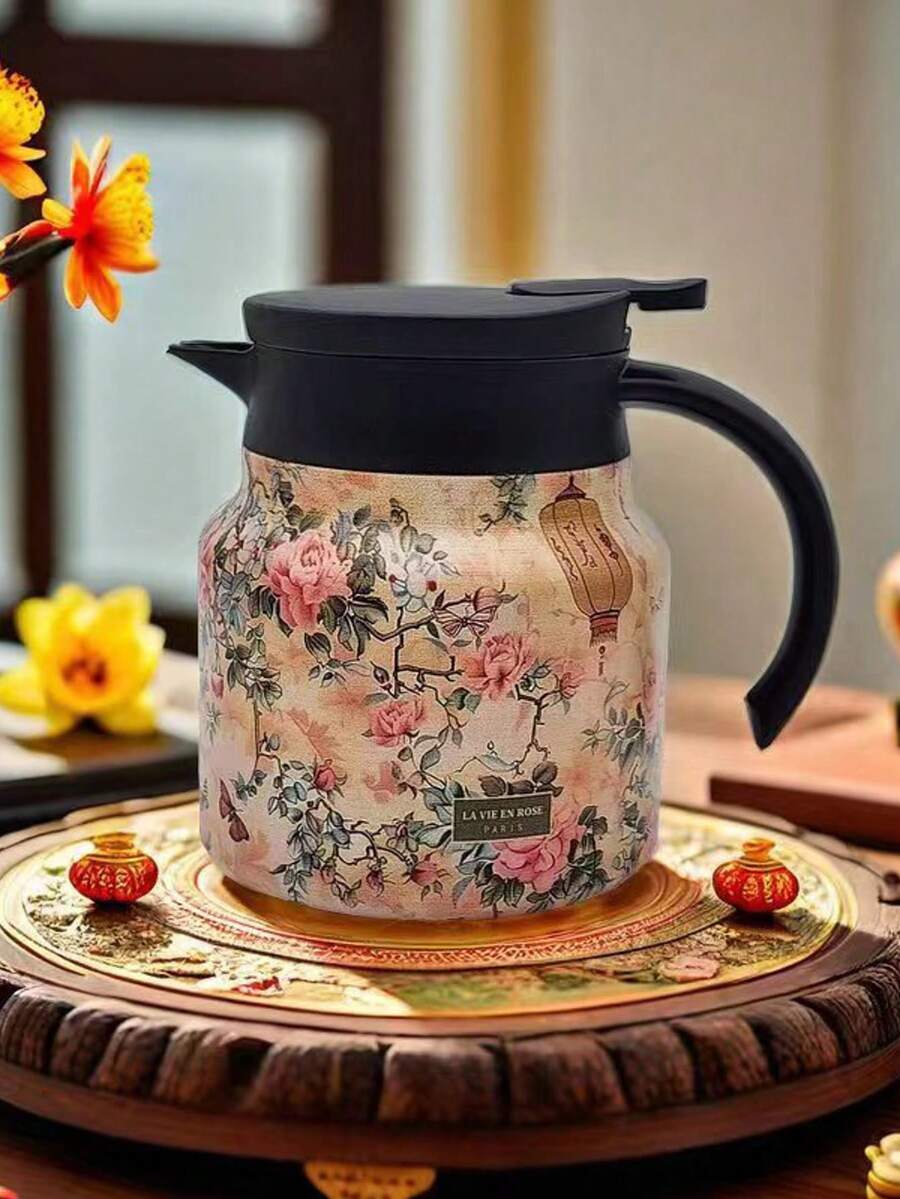 1pc 1000ml Fashion Floral Pattern Stainless Steel Double-Wall Vacuum Insulated Coffee Pot/Teapot, Matcha, Matcha Tools, Infuser Teapot, Home Separable Tea Pot, Portable Coffee Pot, Suitable For Water, Iced Tea, Coffee, Milkshake, Etc., Suitable For Travel, Home, Office, Restaurant, Tea House, Camping, Party And Other Occasions, Father's Christmas Gift, Kitchen Accessories, Holiday Gift