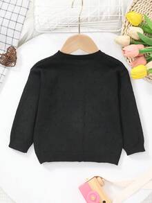 Baby Girl Knitted Round Neck Perforated Solid Color Cardigan - Black - View 6