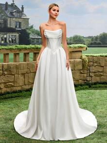 Elegant, Noble And Cute White Satin Faux Pearl Decor Style A-Line White Wedding Dress Bridal Gown With Train Spring - White - View 11