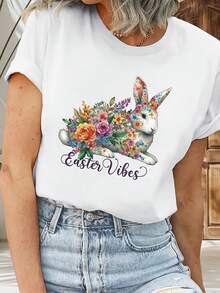 Camiseta De Manga Corta Para Mujer Con Estampado De Huevos De Pascua Y Pollitos - Blusa Casual De Cuello Redondo Para Primavera Verano Para Atuendo Casual, Top De Manga Corta Lavable A Máquina - En Stock (corte Regular) 670223 - [Blanco] - Ver 4