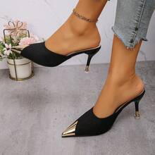 女士尖头穆勒拖鞋，中跟，低鞋面，无后跟，优雅法式金属头凉鞋，夏季必备 - 黑色 - 查看 3