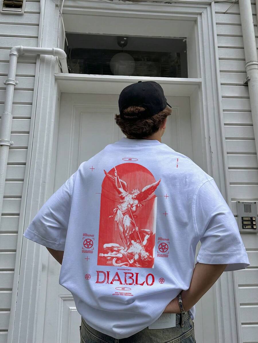 FRACTYR Men's Casual Versatile Fashion Angel & Devil Element Printed Round Neck T-Shirt, Summer Casual Street Art Style - White - View 1