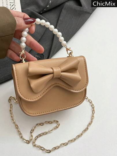 New Solid Color Mini Bow Decoration Sweet Style Handbag, Elegant And Versatile Pearl Gold Chain Design Flip Women's Diagonal Shoulder Bag, Suitable For Shopping, Wallets, Shopping, Young Women, College Students, Newcomers, And White-Collar Workers. They Are Very Suitable For Offices, Universities, Work, Business, Commuting, Outdoor Activities, Travel, And Outings