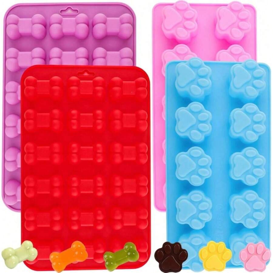 Silicone Mold In Dog Paw & Bone Shape, Suitable For Making Jelly, Candy, Chocolate, Ice Cubes, Also Can Be Used For Baking Dog Treats & Cookies - Multicolor - View 1