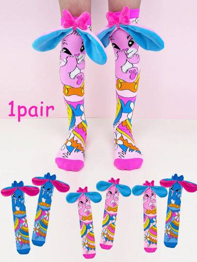 1 Pair Kids Over-The-Knee Socks, Children's Socks, Crazy Socks, Fun Socks, Featuring Cute Rabbit Pattern And 3D Ear Decor. Suitable For All Seasons, Perfect Gift For Crazy Day, Kids Party, Valentine's Day, Easter, Holidays, Outdoor Activities And Daily Wear.