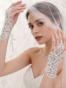2pcs/Set White Short Rhinestone Lace Fingerless Gloves, Bridal Embroidered Lace Gloves, Elegant Accessory For Wedding Dress, Suitable For Wedding, Banquet, Party, Performance, Birthday, Holiday Events,Summer,Beach - Multicolor - View 6