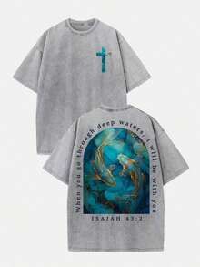2026 Summer Clothes(230g T-Shirt)Men's Loose Washed Cotton "When You Go Through Deep Waters" Turtle Graphic T-Shirt, Comfortable Christian Faith Tee With Bible Verse, Breathable Retro Streetwear -  Gift ChoiceLoose And Comfortablesummer Tops - Xám 5 - Xem 1