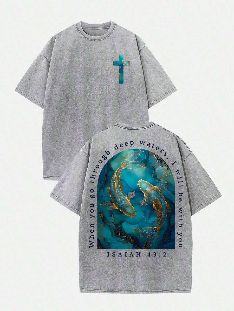 2026 Summer Clothes(230g T-Shirt)Men's Loose Washed Cotton "When You Go Through Deep Waters" Turtle Graphic T-Shirt, Comfortable Christian Faith Tee With Bible Verse, Breathable Retro Streetwear - Gift ChoiceLoose And Comfortablesummer Tops - Xám 5 - Xem 1