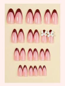 24pcs Medium Almond Shaped French Bow Acrylic False Nails Set, DIY 3D Red Art Design, Suitable For Nail Salons, Daily Wear And Women's Holiday Party Gifts - Multicolor - View 2