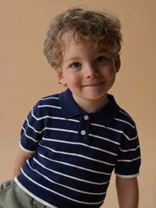 Boys' Striped Collar Polo Shirt, Patchwork Color, Short Sleeve, Lightweight Knit Sweater, Buttoned, Suitable For School, Everyday Wear, Spring, Summer, Autumn - Navy Blue - View 1