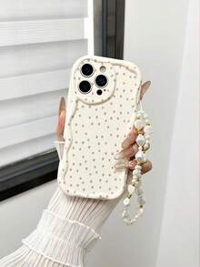 Cream Textured Dotted Painted Bracelet Strap Shockproof Phone Case Compatible With IPhone 14, 14 Pro, 14 Pro Max, 13, 13 Pro, 13 Pro Max, 11, 11 Pro Max, 12, 12 Pro, 12 Pro Max, XR, XS, 15, 15 Pro, 15 Pro Max, 16, 16 Pro, 16 Pro Max, 17, 17 Pro, 17 Air, 17 Pro Max, Series - Multicolor - View 2
