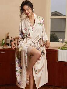 European And American Vintage Loose Plus Size Mid-Length Bohemian Peacock Print Kimono Cover Up Robe Summer Beach Cover-Up Bikini Swimwear Outerwear Bathrobe - Apricot - View 6