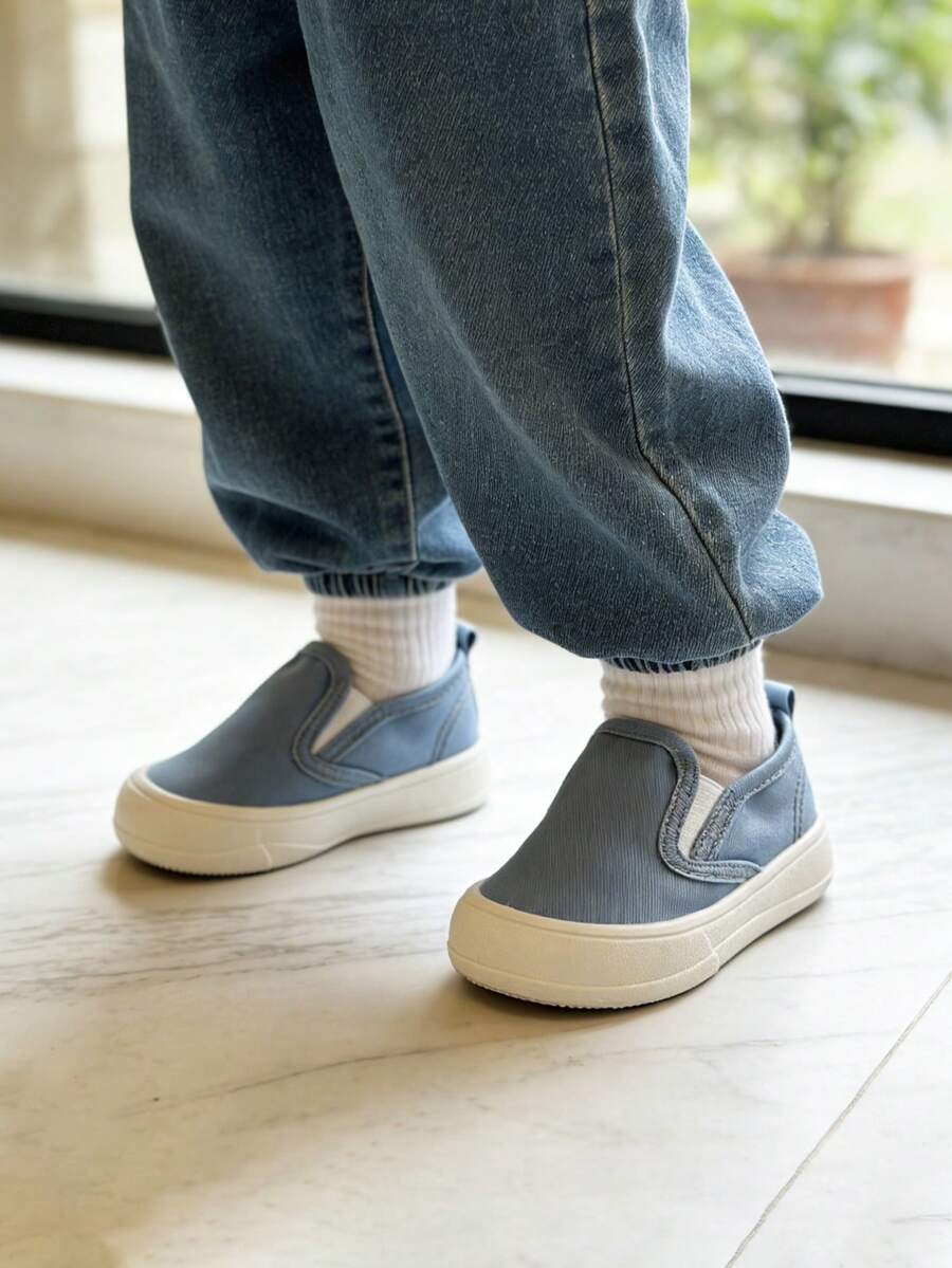 1 đôi giày thể thao vải bố thời trang đa năng cho bé trai, mũi tròn, đế bằng, kiểu dáng casual, thích hợp đi học và mặc hàng ngày. - Màu xanh bụi bặm - Xem 1
