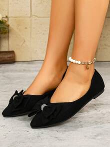 Giày búp bê nữ mũi nhọn đính đá và nơ, kiểu dáng slip-on, cổ thấp, phù hợp cho mùa xuân và mùa thu, cỡ lớn. - màu đen - Xem 3