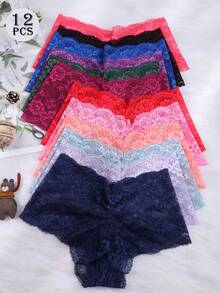 12 PCS Women's Underwear Lace Sexy Lingerie Solid Color Flower Flat Angle Panties Casual - Nhiều màu - Xem 1
